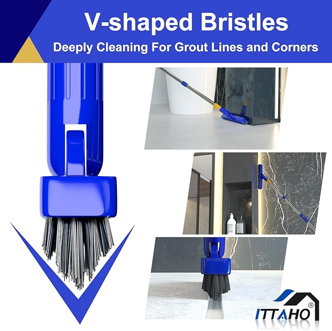 12" Wide Floor Scrub and Grout Brush Set With Long Extendable Handle - Stiff Bristle Heavy Duty Cleaner for Tile, Deck, Garage, Kitchen, Bathroom