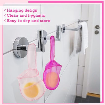 Nuanchu 2 Pcs Shampoo Bar Holder Bag Soap Saver Bag Beauty Shampoo Conditioner Bar Pouch Rabbit Shape Travel Soap Holder Loofah Bubble Foam Net Savers (Light Pink, Rose Pink,L)