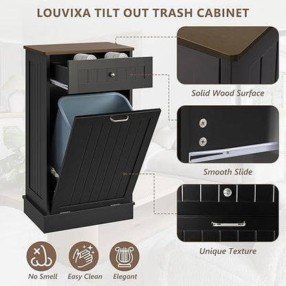 LOUVIXA Tilt Out Trash Can Cabinet, Hidden Trash Cabinet with Drawer, Wooden Dog Proof Trash Can Holder, Tilt Out Laundry Hamper, Garbage Can Holder (Black)