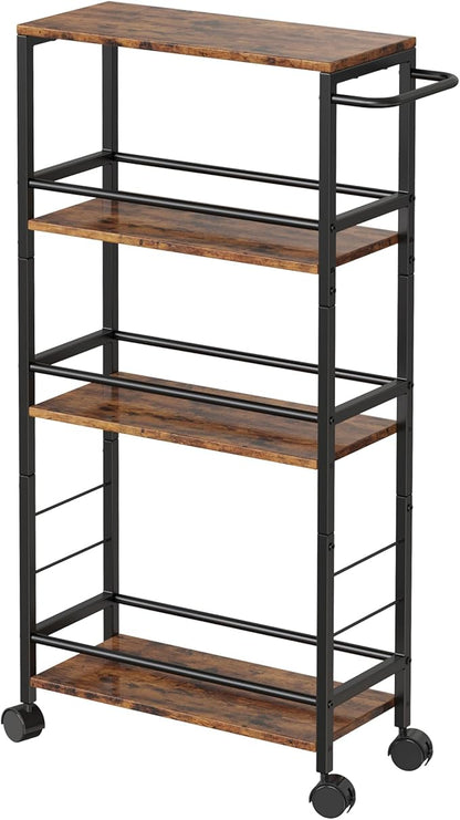 Slim Rolling Cart, 4-Tier Kitchen Storage Rolling Cart, Narrow Cart with Handle, Mobile Utility Cart for Small Space, Shelving Unit for Kitchen, Dining Room, Living Room, Home Office, Laundry Room
