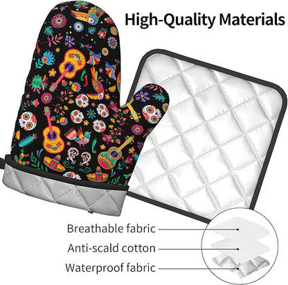 Mexican Oven Mitt Potholders Sets - Mexico Kitchen Mitts and Pot Holders Set of 2 Floral Skull Oven Gloves Hot Pads for Cooking Baking Grilling