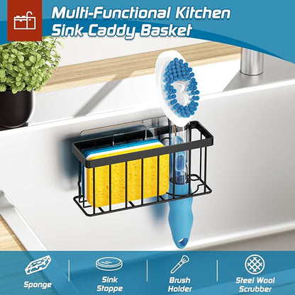 MURLONG Sponge Holder for Kitchen Sink,Sink Caddy Organizer with Suction Cups/Adhesive Strips,Dish Sponge Holder Design for Sponges,Scrubber,Stoppers-Black