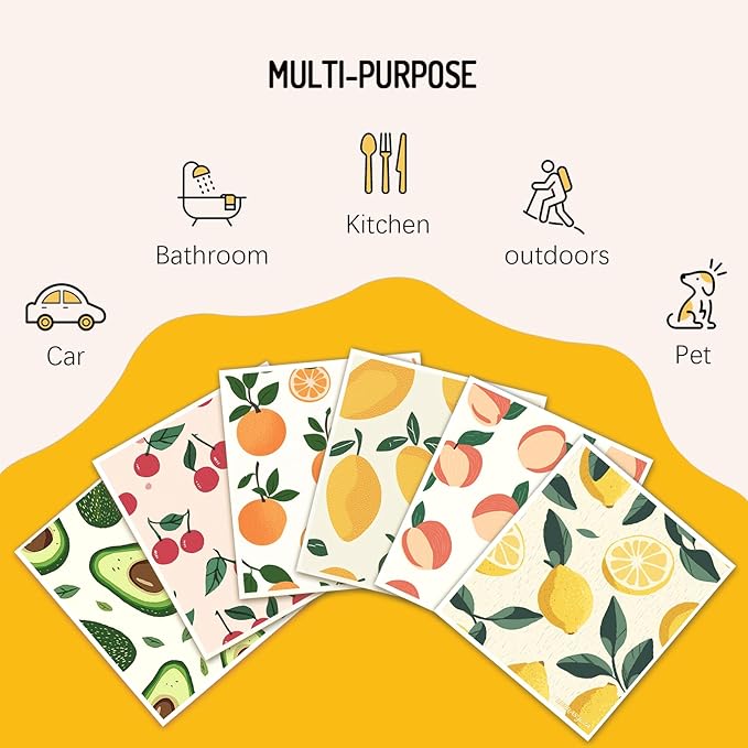 Swedish Dishcloths for Kitchen 6 Pack, Reusable Paper Towels Super Absorbent, Biodegradable Quick Drying Washable Dish Cloths Dishwasher Safe, Perfect as Hostess or Housewarming Gifts (Fruit)