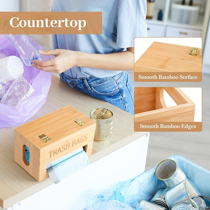 Trash Bag Holder Dispenser - Bamboo Garbage Bag Organizer Wall Mount for Kitchen Cabinet, Extra Large Hanging Trash Bag Roll Storage Container with Lid under Sink