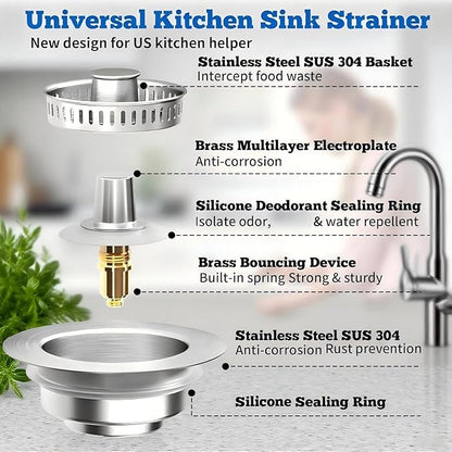 3-in-1 Kitchen Sink Drain Strainer Stopper, 304 Stainless Steel Pop Up Drain Plug, Anti-Clog Odor Prevention Sink Basket, Tool-Free Easy Install, Fits US Standard 3-1/2" Drain Hole, 2 Pack