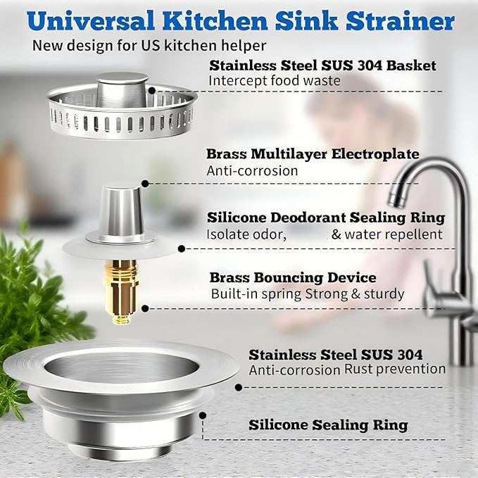 3-in-1 Kitchen Sink Drain Strainer Stopper, 304 Stainless Steel Pop Up Drain Plug, Anti-Clog Odor Prevention Sink Basket, Tool-Free Easy Install, Fits US Standard 3-1/2" Drain Hole, 1 Pack