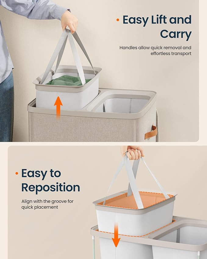 SONGMICS HOME Laundry Hamper with Lid, 2 Section Laundry Basket with Removable Liners and Handles, Foldable Clothes Sorter for Bedroom, Bathroom, Beige