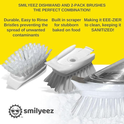 Smilyeez Soap Dispensing Dishwand (Light Blue) with Ergonomic Handle and 2 Interchangeable Brushes - Effortless Cleaning and Long-Lasting Durability - Kitchen and Dishwashing Essential