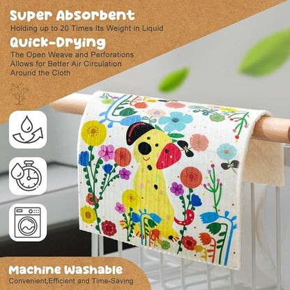 CONLI 6 Pack Swedish Dishcloth Reusable Dish Cleaning Towels Super Absorbent Fast Drying Cloths for Kitchen Cleaning - 6 Assortment Designs (H-Flower CAT Dog)