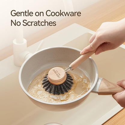 Dish Brush Set of 2, Wooden Handle Natural Bristle Scrubber, Non-Scratch Grease Absorbent for Non-Stick & Cast Iron Cookware, Kitchen Dishwashing Scrub Brush for Cleaning Dishes, Pots, Pans, Sink