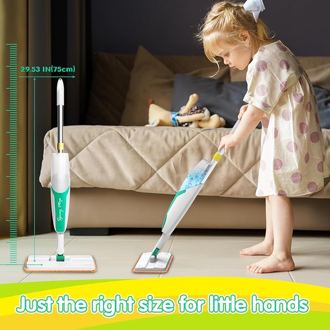 Kids Spray Mop with Refillable Microfiber Pads, and Cleaning Brush, Kids Cleaning Set for Ages 3+, Designed with Smaller Hands in Mind