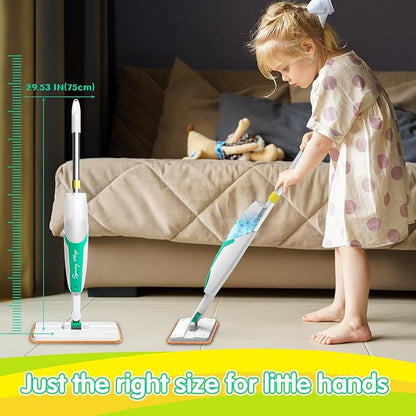 Kids Spray Mop with Refillable Microfiber Pads, and Cleaning Brush, Kids Cleaning Set for Ages 3+, Designed with Smaller Hands in Mind