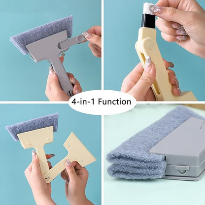 Window Track Cleaner Tool, 4Pcs 4-in-1 Groove Cleaning Brush (with Bristle Brush, Gap Dustpan, Scraper), Washable Cleaning Gadgets for Sliding Door, Sill, Car Vents (Blue + Yellow + 2Gray)