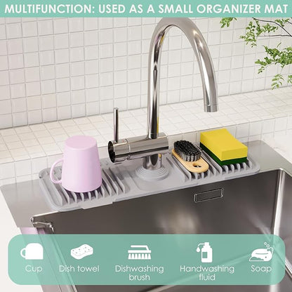 24 Inch Silicone Faucet Mat for Kitchen Sink Splash Guard - 7° Slope Water Draining Mat With Fasten Button for Bathroom Area (Gray, 17.7''x5.5'')