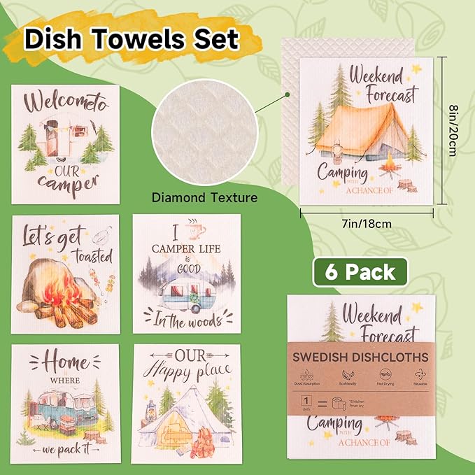 Polly Online Swedish Dishcloths for Kitchen,6 Pack Cloth Paper Towels Reusable Washable,Super Absorbent Dish Towels,No Odor,Biodegradable,Camping Design