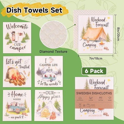 Polly Online Swedish Dishcloths for Kitchen,6 Pack Cloth Paper Towels Reusable Washable,Super Absorbent Dish Towels,No Odor,Biodegradable,Camping Design