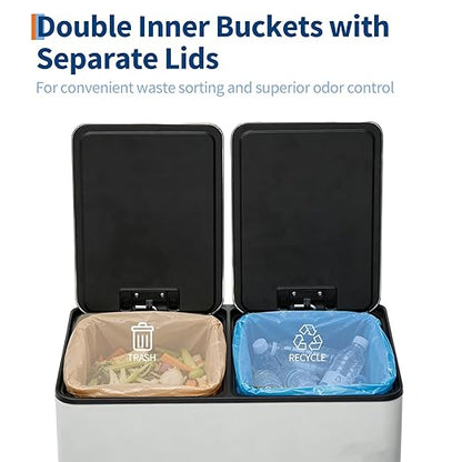Garvee Dual Compartment Trash Can, 2 x 5.3 Gal (2 x 20L) Stainless Steel Recycling Bin with Anti-Slip Foldable Foot Pedal & Soft-Close Lid, Kitchen Garbage & Recycle Bin Combo - White