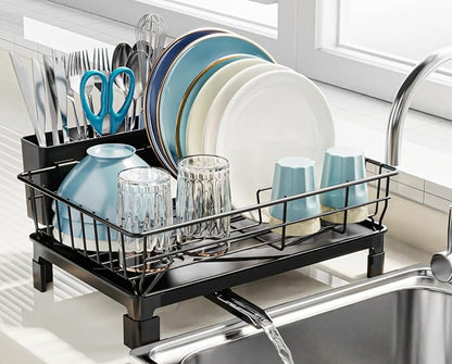 GSlife Small Dish Drying Rack for Kitchen Counter with Drainboard - Compact Dish Drainer for RV, Camper and Apartment, Rust-Resistant Wire Rack with Utensil Holder, 15"L x 10"W, Black