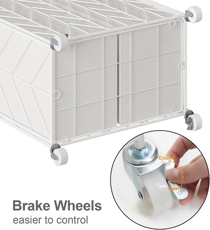 WOWLIVE Laundry Basket with Wheels, Heavy Duty Laundry Hamper with Wood Lid, Clothes Hamper with Divided Removable Liner Bag, Large Capacity Iron-Made Laundry Sorter Laundry Room Organization (White)