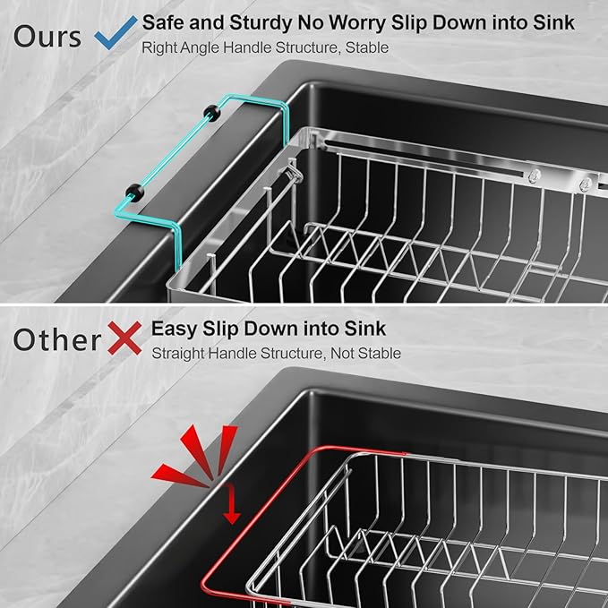 GSlife Expandable Dish Drying Rack for Large Sink- Stainless Steel Over the Sink Dish Drainer with Silicone Drying Mat and Locking Knob for Kitchen, 12.8" W x 13.4"-20.4" L, Silver
