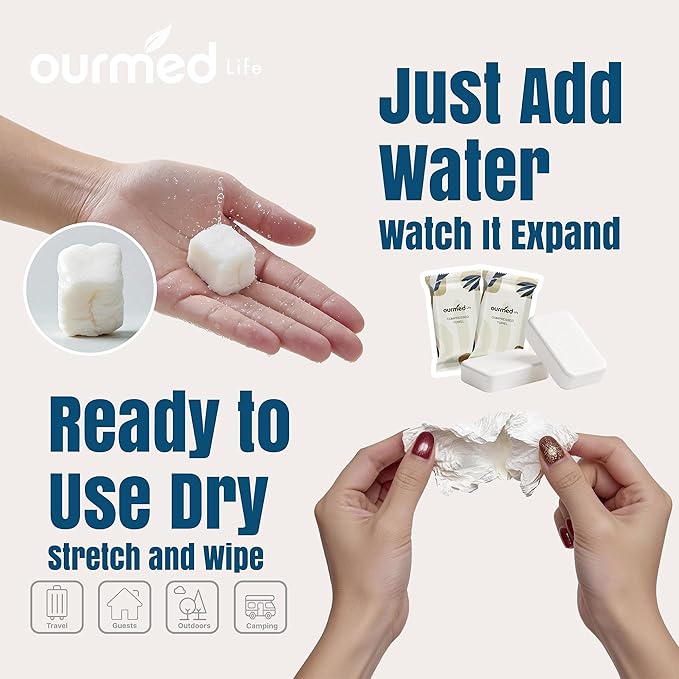 Ourmed Life Mini Compressed Towel Tablets, Disposable Washcloths, Individually Wrapped Mini Tablets, Expands with Water, Soft & Lint-Free, 12 x 10 Inch, Travel Size (56 Count)