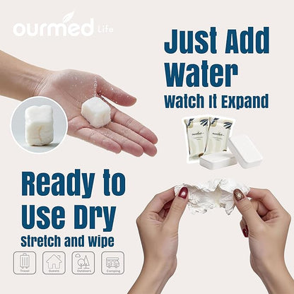 Ourmed Life Compressed Towel Tablets – Portable, Individually Wrapped Disposable Washcloths,Quickly Expand with Water, Soft & Lint-Free, 12‘’x10‘’ for Travel, Camping, Hiking, Backpacking (112 Ct)