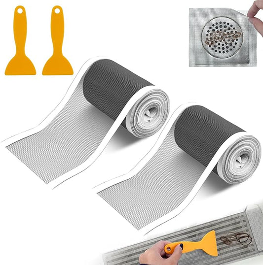 2 PCS 4.7 Inch x 33 FT Disposable Shower Drain Screen Self-Adhesive Stickers, with Cleaning Shovel, Showers Drain Hair Catcher, Shower Drain Mesh Stickers for Bathroom Kitchen Sink