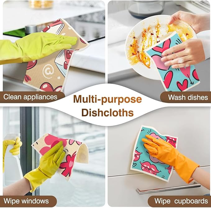 Swedish Dishcloths for Kitchen | 6 Pack Floral Reusable Paper Towels Washable | Swedish Dish Towels | Non-Scratch Cellulose Sponge Cloths | No Odor, Biodegradable Cleaning Cloths, Valentine's Day 3