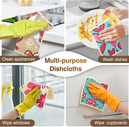 Swedish Dishcloths for Kitchen | 6 Pack Floral Reusable Paper Towels Washable | Swedish Dish Towels | Non-Scratch Cellulose Sponge Cloths | No Odor, Biodegradable Cleaning Cloths, Valentine's Day 3