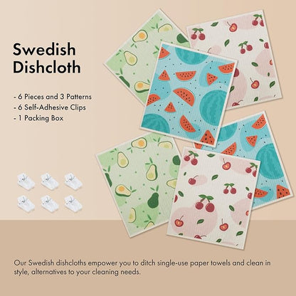 Swedish Dishcloths for Kitchen, 6 Pack Fruit Swedish Dish Towels with Clips, Reusable Paper Towels Washable Non-Scratch Super Absorbent Cellulose Sponge Cloths, Biodegradable No Odor