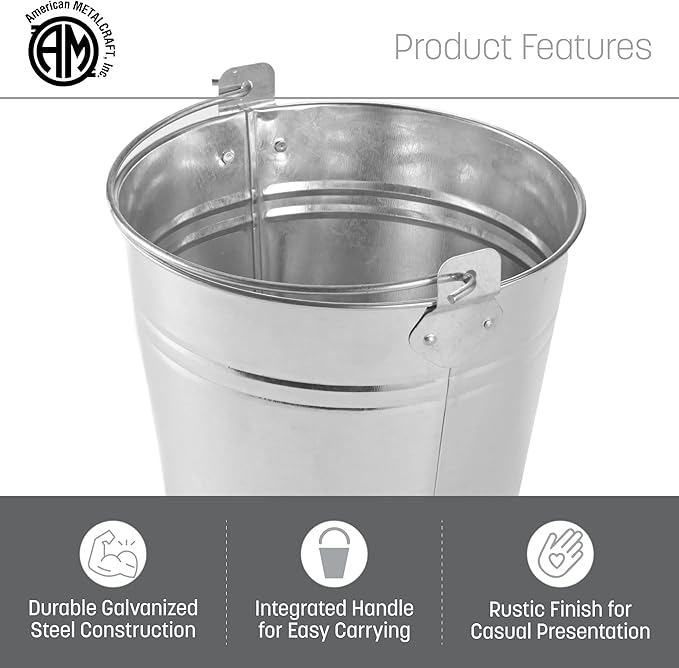 American Metalcraft PTUB87 Natural Galvanized Steel Pail with Handle - 1.16 Gallon, 8 Inch Diameter - Durable, Commercial Steel Construction - Classic Tabletop Serving Pail, Silver