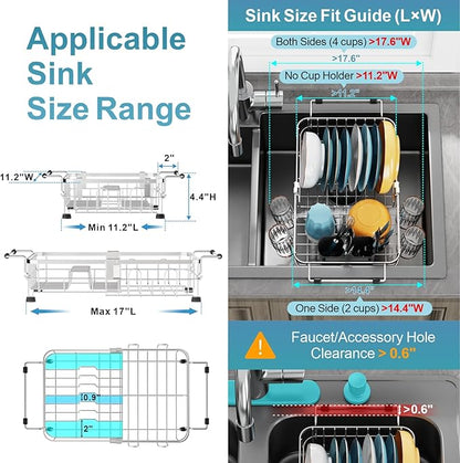GSlife Small in Sink Dish Drying Rack - Expandable Stainless Steel Compact Over The Sink Dish Drainer with Utensil Holder for RV Kitchen Apartment, Silver