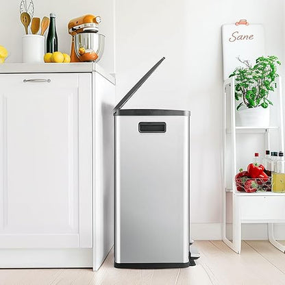 2×8 Gallon Kitchen Trash Can with Lid - Large Stainless Steel Garbage Can with Soft-Close Foot Pedal and Removable & Compartment PlasticInner Bucke, Trash Bin for Home, Bedroom, Office