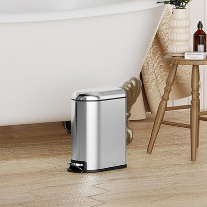 CEROELDA Small Bathroom Trash Can with Lid Soft Close, 5L/1.3 Gallon Stainless Steel Slim Garbage Can, Metal Waste Basket with Step Pedal, for Office, Bedroom, Toilet, Dorm Room (Silver, 1.3 Gallon)