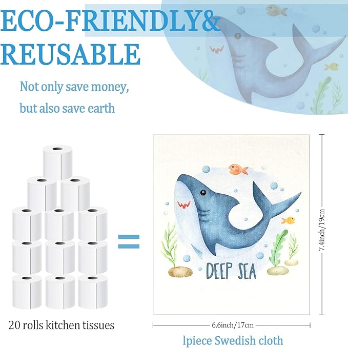 Swedish Dishcloths for Kitchen | 6 Pack Floral Reusable Paper Towels Washable | Swedish Dish Towels | Non-Scratch Cellulose Sponge Cloths | No Odor, Biodegradable Cleaning Cloths, Shark