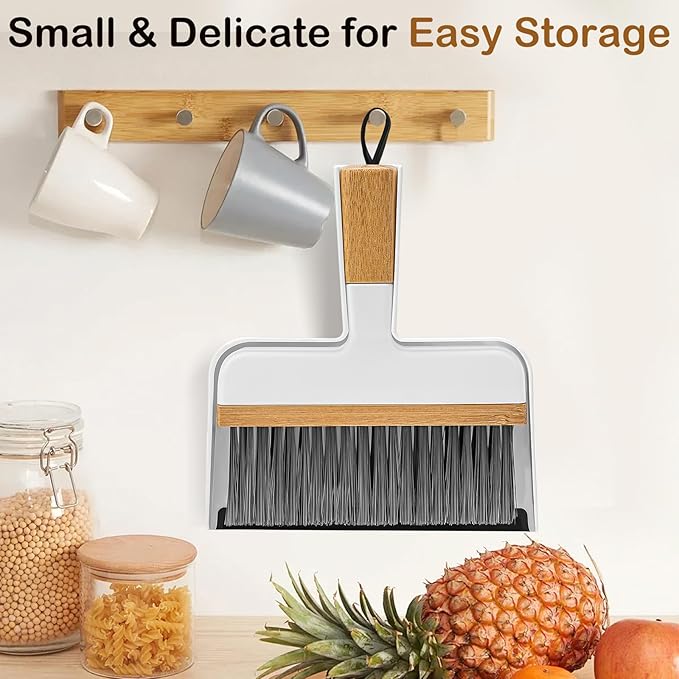 THINKLEARN Mini Dustpan and Brush Set, Portable Broom and Dustpan Combo Set with Bamboo Handle, Handheld Broom Set for Cleaning Desk Drawers Sofas and RV