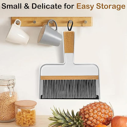 THINKLEARN Mini Dustpan and Brush Set, Portable Broom and Dustpan Combo Set with Bamboo Handle, Handheld Broom Set for Cleaning Desk Drawers Sofas and RV