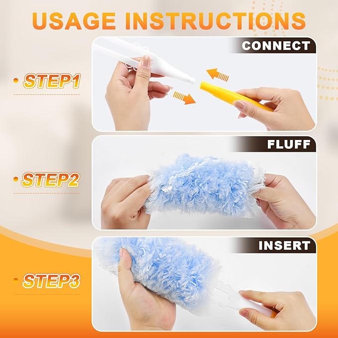 60-Pack Heavy Duty Duster Refills Compatible with Swiffer, 3FT Extendable Handle, 5X Multi-Surface Microfiber Duster for Home, Fans, Blinds, Vents & Car Cleaning