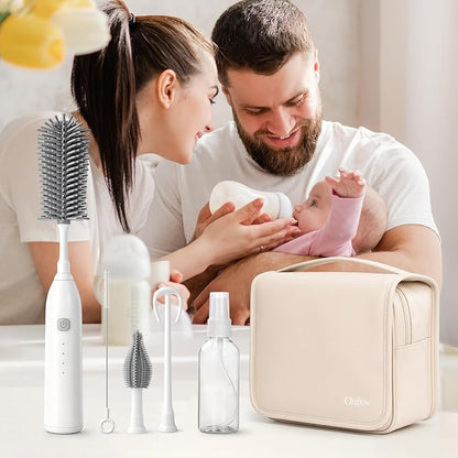 Electric Bottle Brush Cleaner, Electric Baby Bottle Brush Set with Silicone Bottle/Nipple/Straw Brush Soap Dispenser/Storage Bag for Home and Travel, White