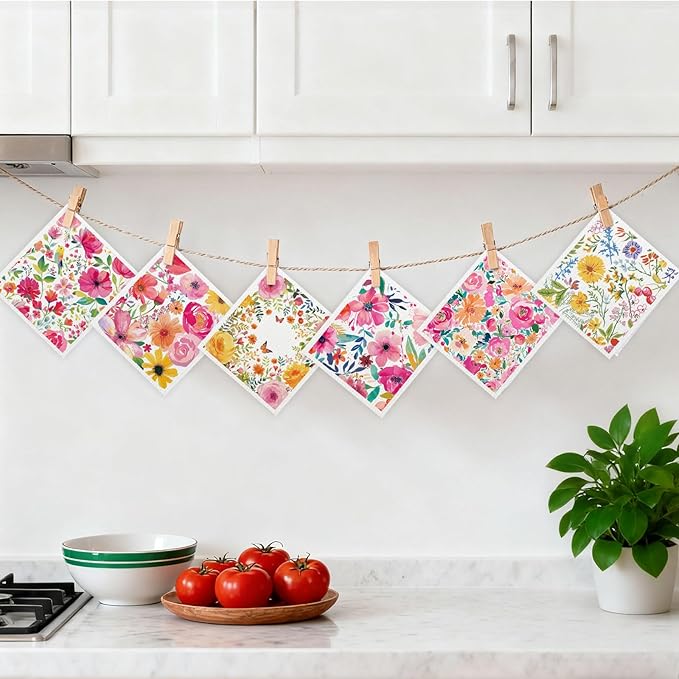 Mixed Flowers Swedish Kitchen Dishcloths Dish Towels 6 Pack, Flowers Dish Towels for Kitchen, Swedish Dishcloth with Flower, Paper Towels Reusable, Dish Cloth Towel Cleaning Wipe for Home Party