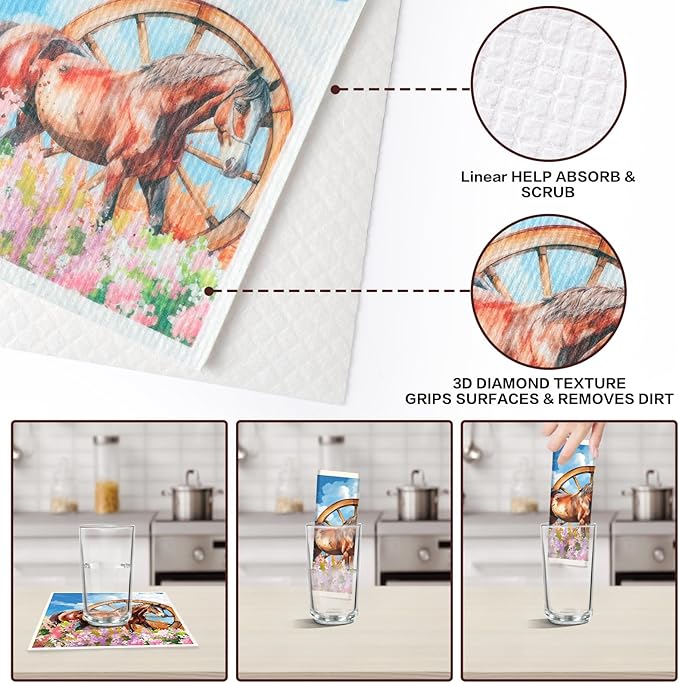 Horses Swedish Dishcloths for Kitchen, 6 Pack Farmhouse Absorbent Dish Cloths for Washing Dishes, Reusable Washable Paper Towels Cloth for Kitchen Countertop Sink Fast Drying Sponge Cloths