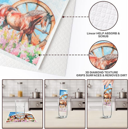 Horses Swedish Dishcloths for Kitchen, 6 Pack Farmhouse Absorbent Dish Cloths for Washing Dishes, Reusable Washable Paper Towels Cloth for Kitchen Countertop Sink Fast Drying Sponge Cloths