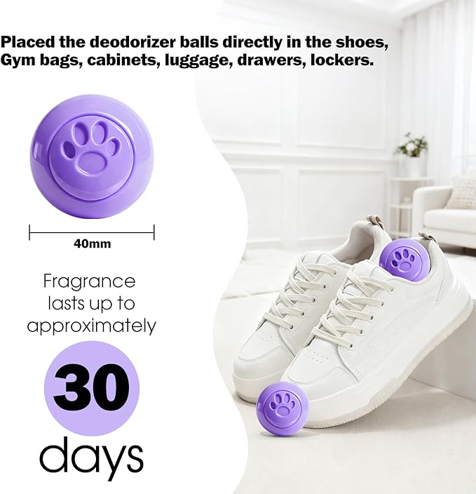 SCENTORINI Shoe Deodorizer Balls, 8 Pack Lavender Scent Sneaker Deodorizer Balls, Odor Eliminator for Smell Shoes Boots, Long Lasting Shoe Freshener for Gym Bags, Drawers and Small Spaces