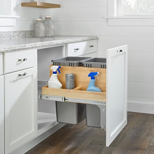 Rev-A-Shelf 50 Qt Top Mount Double Pullout Under Cabinet Kitchen Trash Cans w/Soft-Close for Full Height Cabinet, 150lb Rated Full-Extension Slides, Min Opening Width of 21", 4WCTM-2450BBSCDM-2