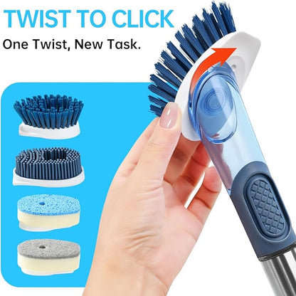 Soap Dispensing Scrub Dish Brush Head Replacements - 4 Kitchen Cleaning Brush Dish Wand Head, Scraper Heads for Stubborn Grime on Pots Pans, Stand/Hang Storage-Blue