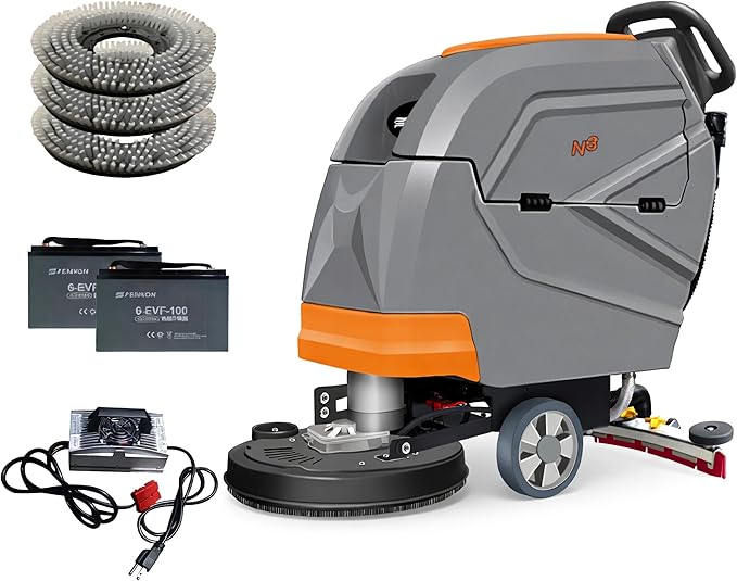 N3 20" Walk-Behind Floor Scrubber - Complete Kit with 3 Brushes & 4 Rubber Lips Sets, Replaceable Consumables, 31" Squeegee, 11-Gallon Solution Tank, 190 RPM, User-Friendly