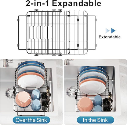 iSPECLE Expandable Dish Drying Rack for Kitchen Sink - Heavy Duty Adjustable Over The Sink Dish Drainer with Square Corners, Rust Resistant with Lock Knob, Fit for Modern Single & Double Sinks, Black