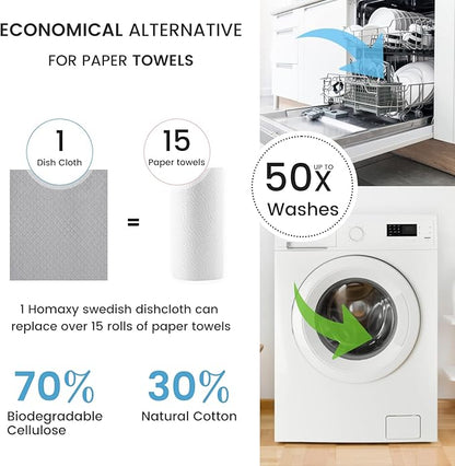 Homaxy Swedish Dishcloths for Kitchen, 10 Pack Reusable and Washable Cellulose Sponge Cloths Dish Towels, Absorbent and No Odor Paper Towels for Dishes ＆ Counters, Grey