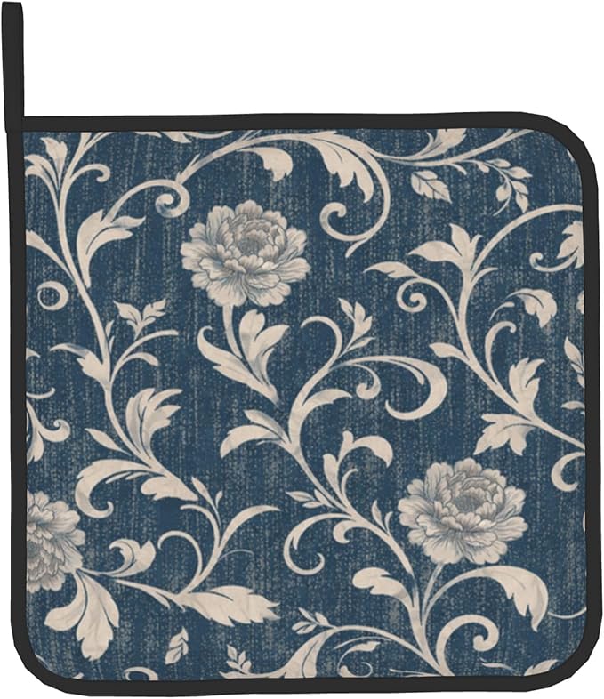 Navy Blue Oven Mitts and Pot Holders Vintage Floral Kitchen Accessories Set of 2 Teal Flowers Gloves Potholder for Chef Cooking Baking Grilling BBQ