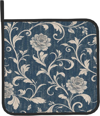 Navy Blue Oven Mitts and Pot Holders Vintage Floral Kitchen Accessories Set of 2 Teal Flowers Gloves Potholder for Chef Cooking Baking Grilling BBQ